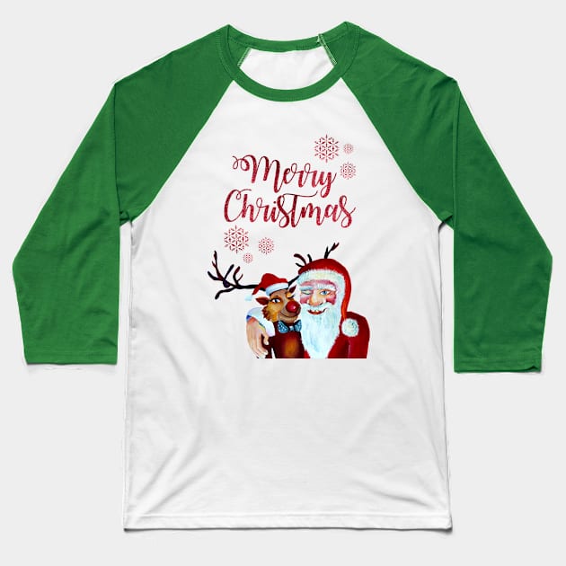 Smiling Santa with Funny Rudolph Watercolor Baseball T-Shirt by Nisuris Art